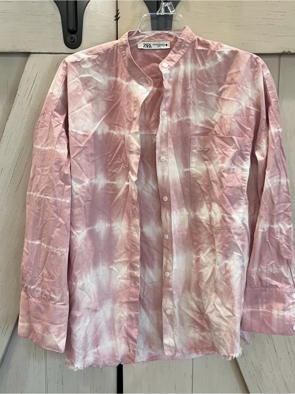 Zara Pink and White Tie-Dye Band Collar Button-Down Shirt Size XS